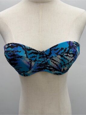 Perfect Vacation Bandeau Bikini Top XS Blue Black Animal Print Underwire